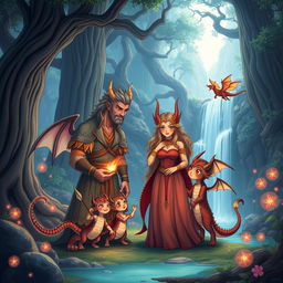 A heartwarming scene featuring an anime dragon people family in a tranquil, enchanted forest