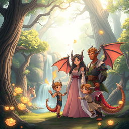 A heartwarming scene featuring an anime dragon people family in a tranquil, enchanted forest