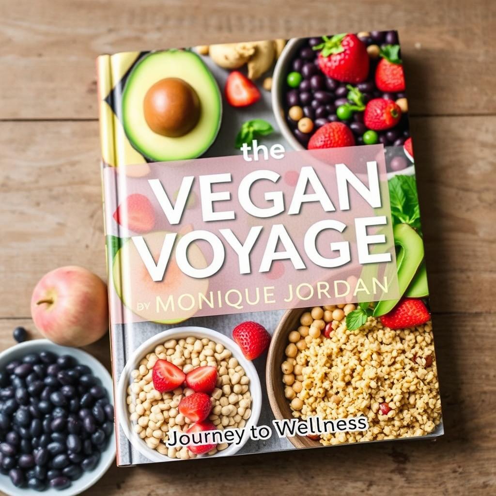 Create a colorful cover for a vegan cookbook titled 'The Vegan Voyage' by Monique Jordan