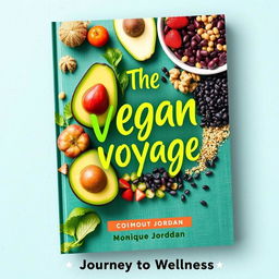 Create a colorful cover for a vegan cookbook titled 'The Vegan Voyage' by Monique Jordan