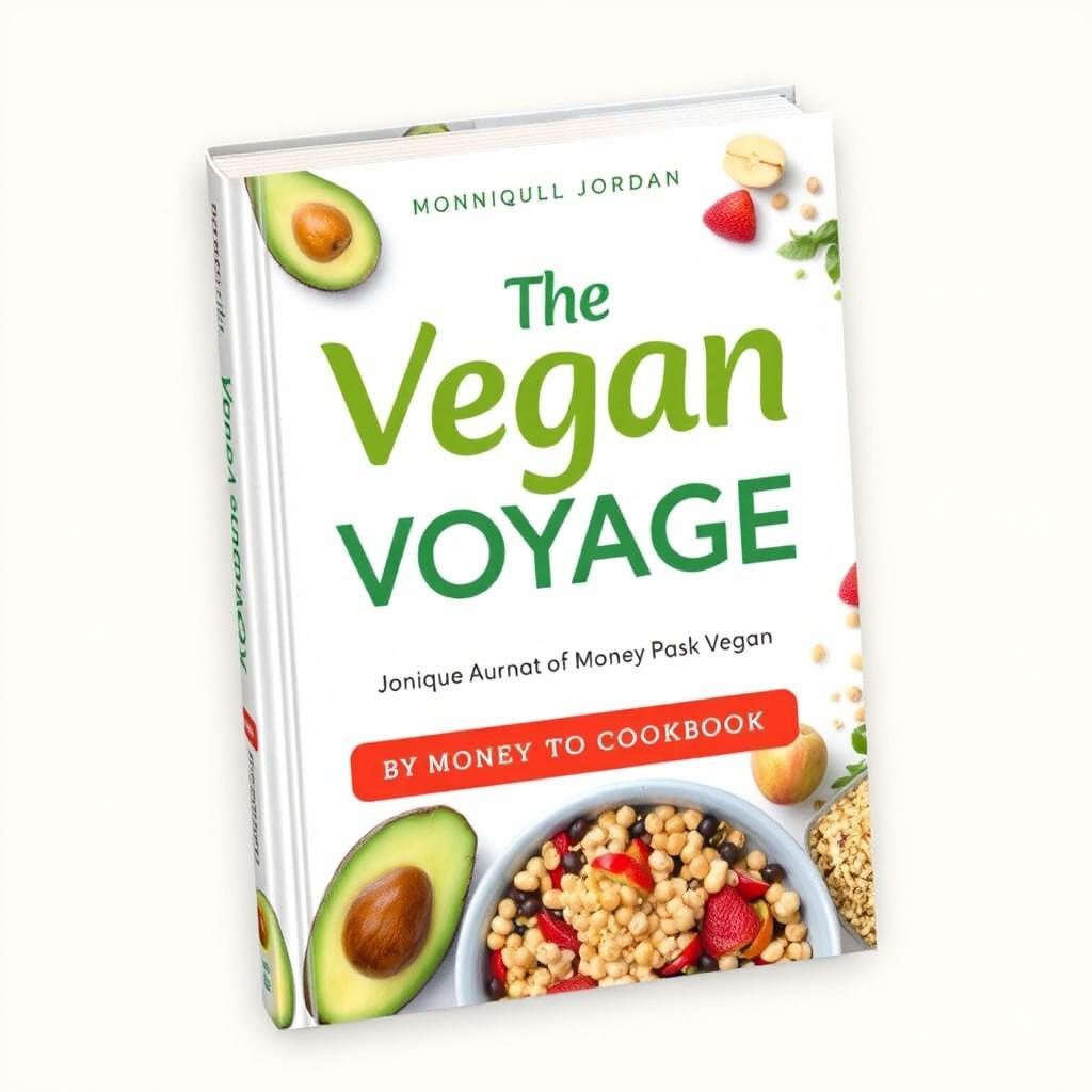 Create a colorful cover for a vegan cookbook titled 'The Vegan Voyage' by Monique Jordan