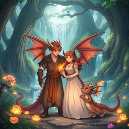 A heartwarming scene featuring an anime dragon people family in a tranquil, enchanted forest