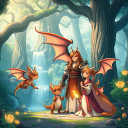 A heartwarming scene featuring an anime dragon people family in a tranquil, enchanted forest