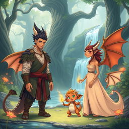 A heartwarming scene featuring an anime dragon people family in a tranquil, enchanted forest