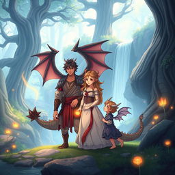 A heartwarming scene featuring an anime dragon people family in a tranquil, enchanted forest