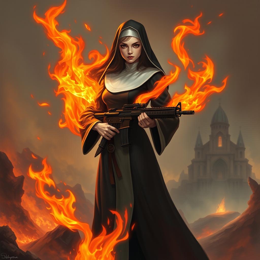 A female fire elemental nun standing confidently, flames dancing around her form