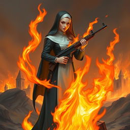 A female fire elemental nun standing confidently, flames dancing around her form