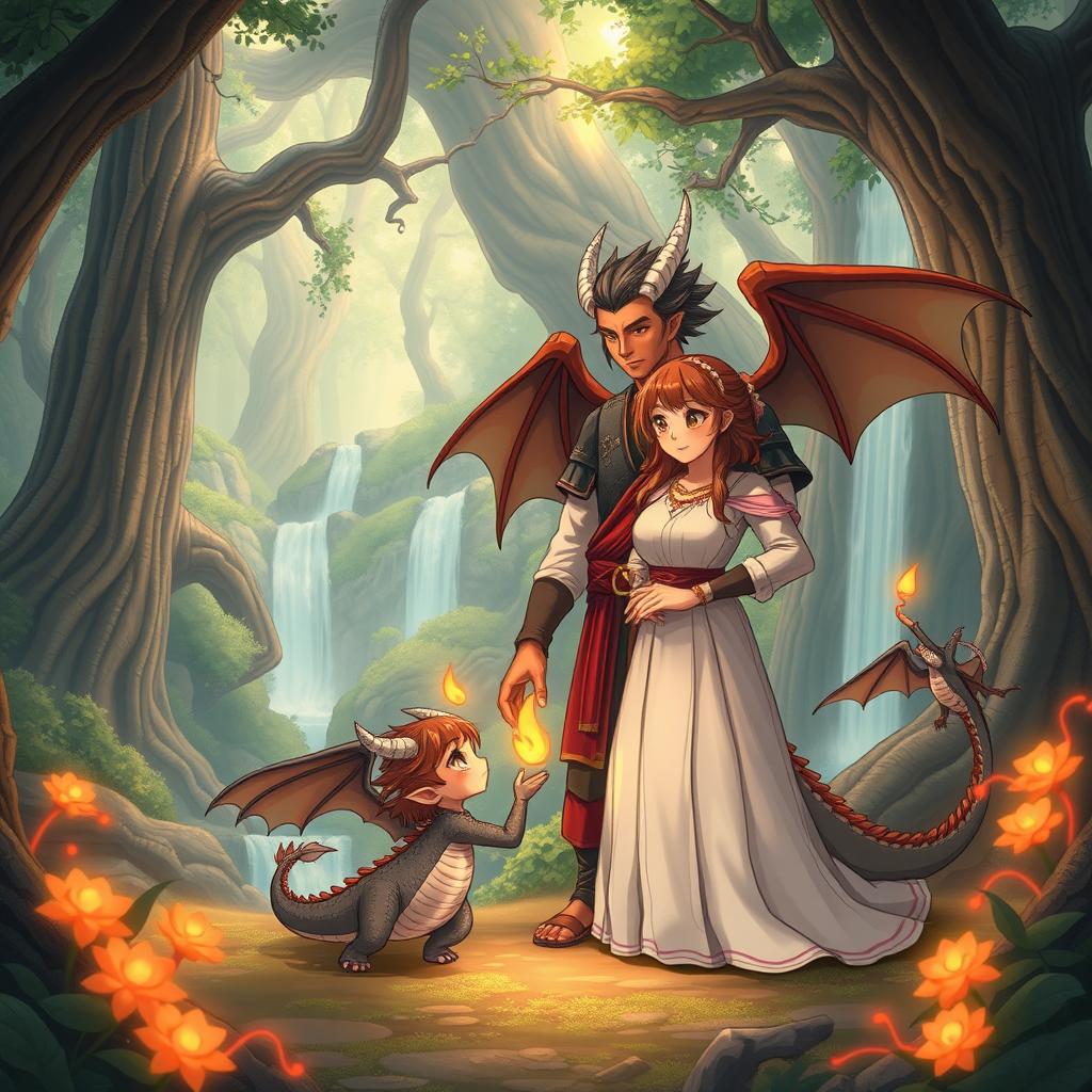 A heartwarming scene featuring an anime dragon people family in a tranquil, enchanted forest