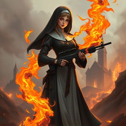 A female fire elemental nun standing confidently, flames dancing around her form