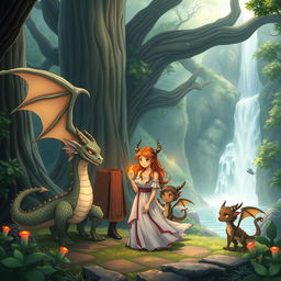 A heartwarming scene featuring an anime dragon people family in a tranquil, enchanted forest