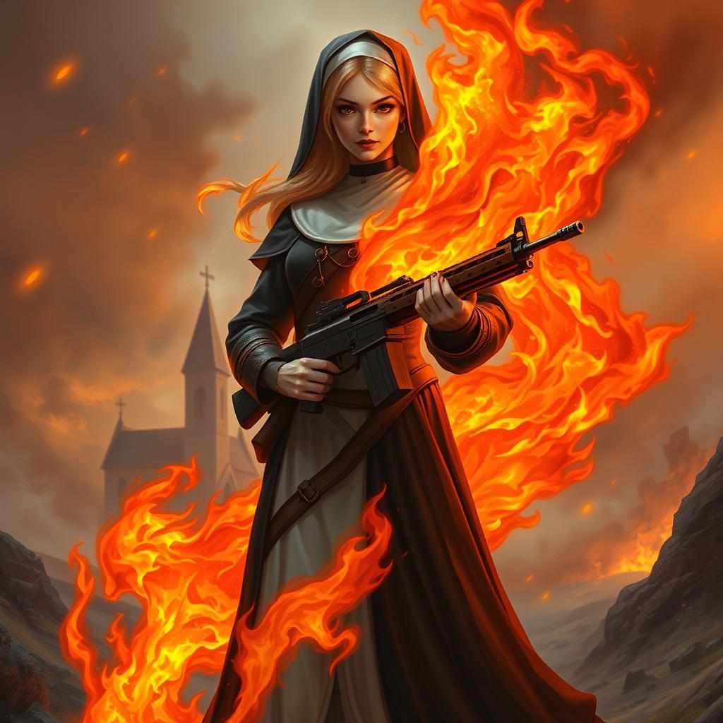 A female fire elemental nun standing confidently, flames dancing around her form