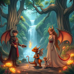 A heartwarming scene featuring an anime dragon people family in a tranquil, enchanted forest