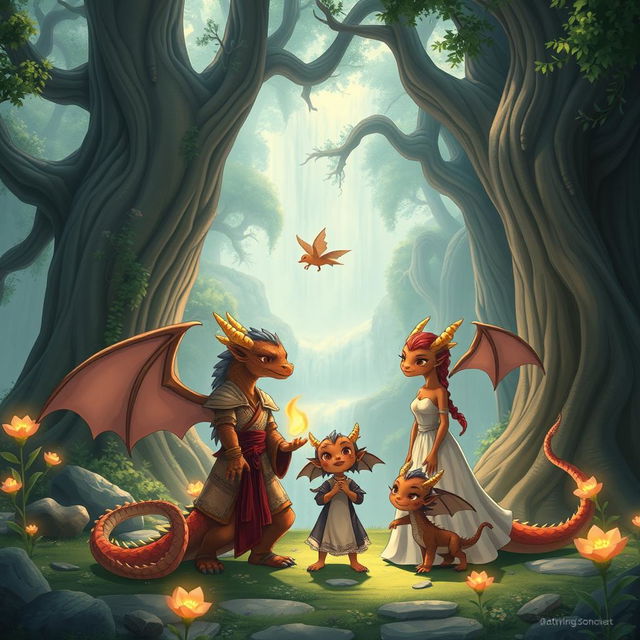 A heartwarming scene featuring an anime dragon people family in a tranquil, enchanted forest