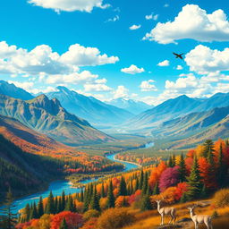 Create an image that is colorful and vibrant, featuring a beautiful landscape with mountains, rivers, and forests under a bright blue sky with fluffy white clouds