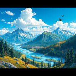 Create an image that is colorful and vibrant, featuring a beautiful landscape with mountains, rivers, and forests under a bright blue sky with fluffy white clouds