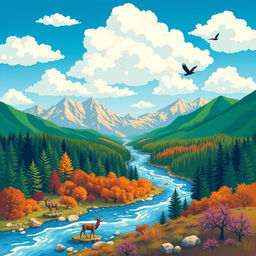 Create an image that is colorful and vibrant, featuring a beautiful landscape with mountains, rivers, and forests under a bright blue sky with fluffy white clouds