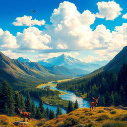 Create an image that is colorful and vibrant, featuring a beautiful landscape with mountains, rivers, and forests under a bright blue sky with fluffy white clouds