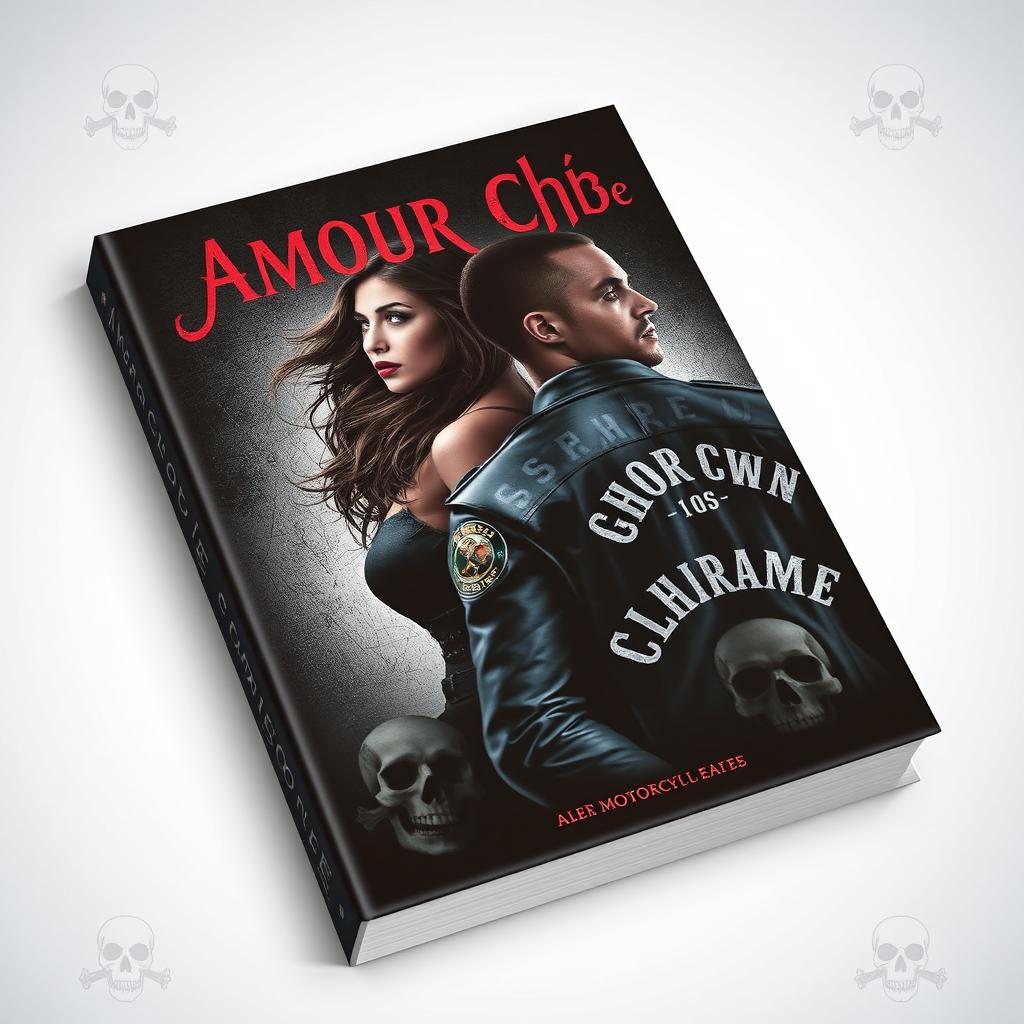 A book cover titled 'Amour Chromé' featuring a woman and a biker from a motorcycle club