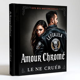 A book cover titled 'Amour Chromé' featuring a woman and a biker from a motorcycle club