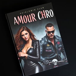 A book cover titled 'Amour Chromé' featuring a woman and a biker from a motorcycle club