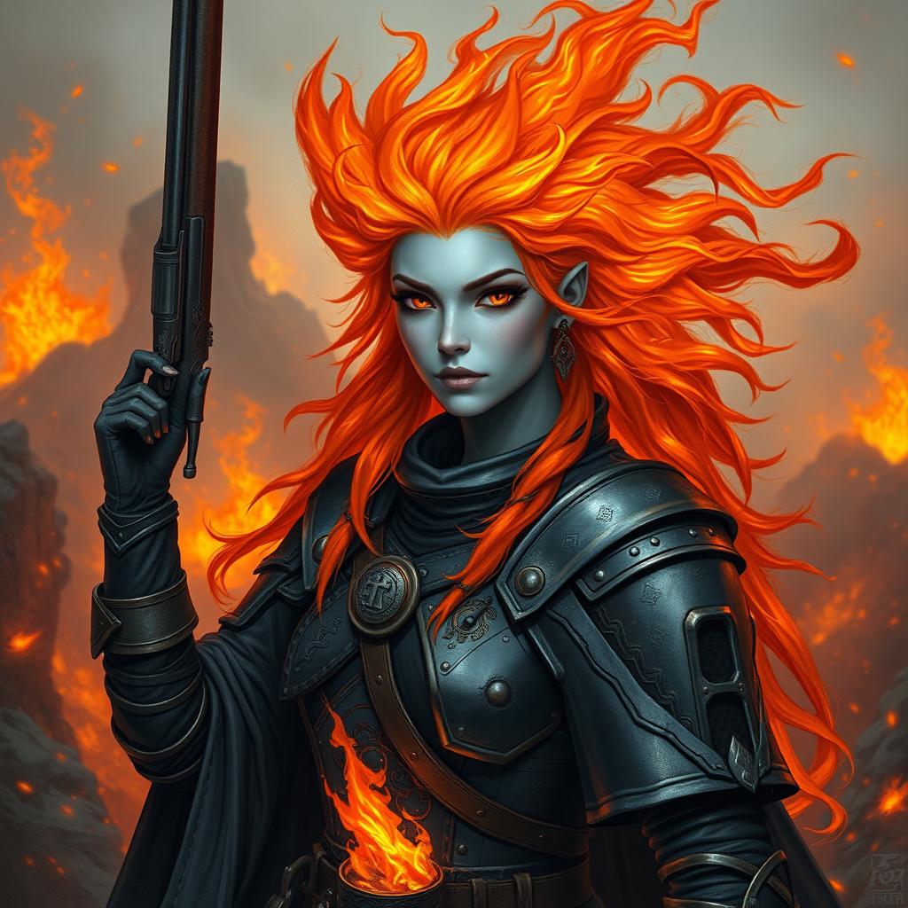 A fire genasi female cleric of a fire god, wearing dark colored metal armor