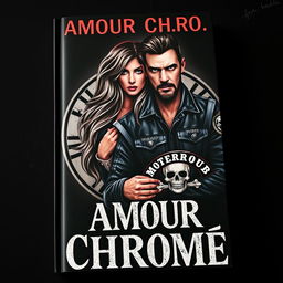 A book cover titled 'Amour Chromé' featuring a woman and a biker from a motorcycle club