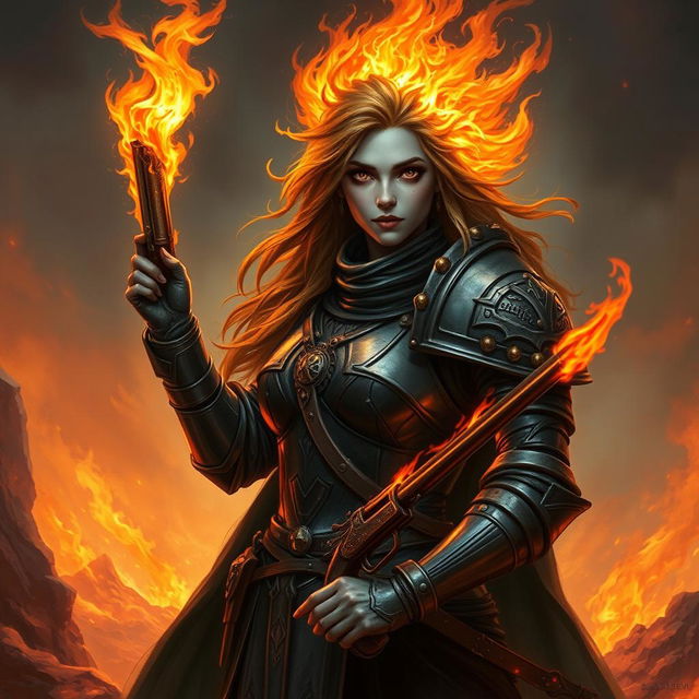 A fire genasi female cleric of a fire god, wearing dark colored metal armor