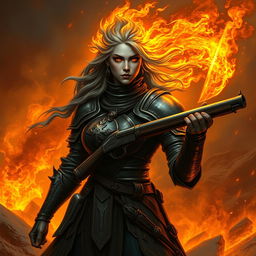 A fire genasi female cleric of a fire god, wearing dark colored metal armor