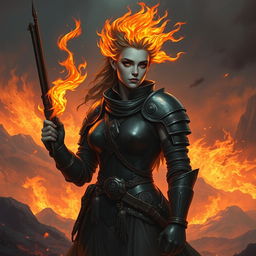 A fire genasi female cleric of a fire god, wearing dark colored metal armor