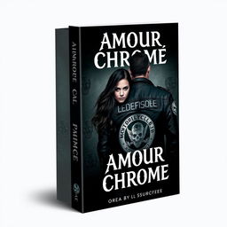 A book cover titled 'Amour Chromé' featuring a woman and a biker from a motorcycle club