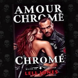 A book cover titled 'Amour Chromé' featuring a woman and a biker from a motorcycle club