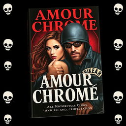 A book cover titled 'Amour Chromé' featuring a woman and a biker from a motorcycle club