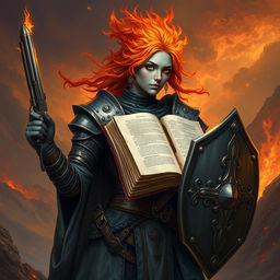 A fire genasi female cleric of a fire god, wearing dark colored metal armor