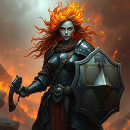 A fire genasi female cleric of a fire god, wearing dark colored metal armor