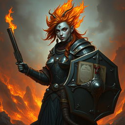 A fire genasi female cleric of a fire god, wearing dark colored metal armor