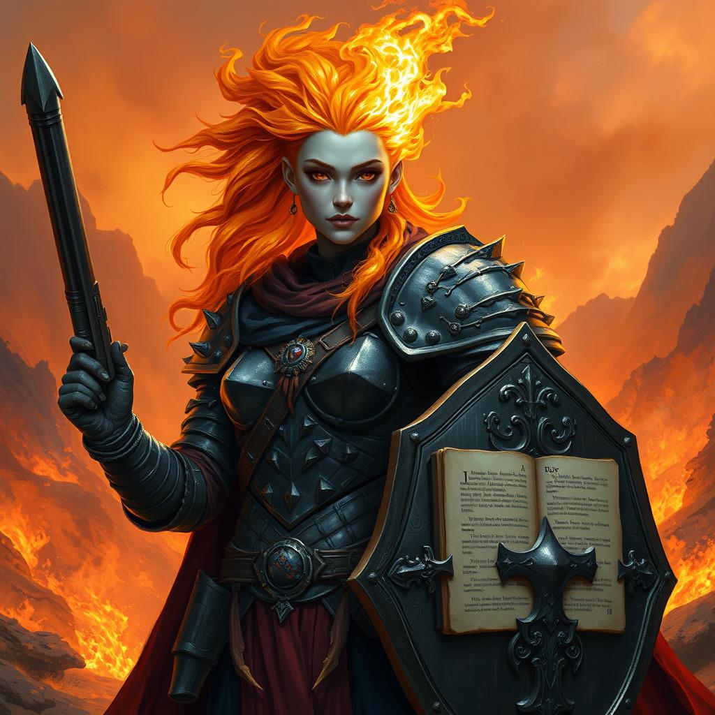 A fire genasi female cleric of a fire god, wearing dark colored metal armor