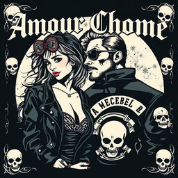 An image titled 'Amour Chromé' featuring a woman and a biker from a motorcycle club