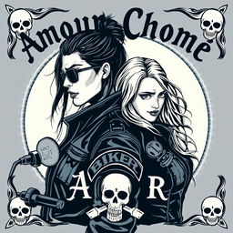 An image titled 'Amour Chromé' featuring a woman and a biker from a motorcycle club