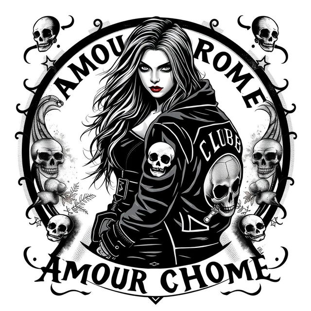 An image titled 'Amour Chromé' featuring a woman and a biker from a motorcycle club