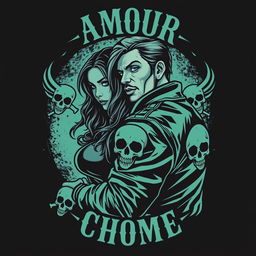 An image titled 'Amour Chromé' featuring a woman and a biker from a motorcycle club