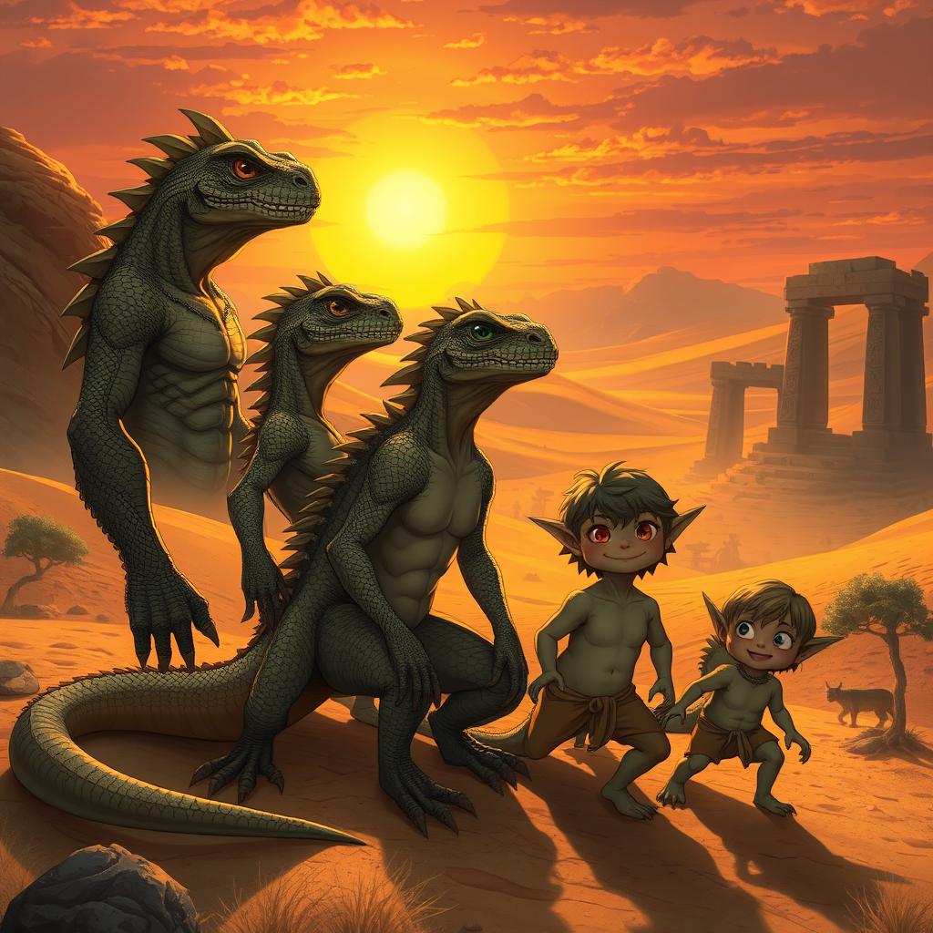 A captivating scene featuring an anime lizard beastman family in a mystical desert landscape