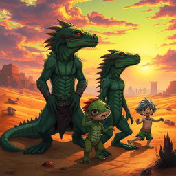 A captivating scene featuring an anime lizard beastman family in a mystical desert landscape