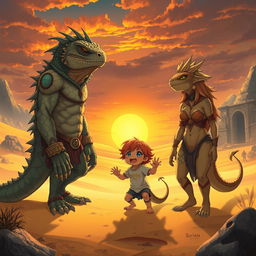 A captivating scene featuring an anime lizard beastman family in a mystical desert landscape