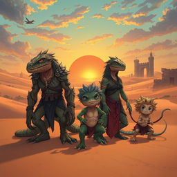 A captivating scene featuring an anime lizard beastman family in a mystical desert landscape