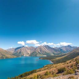 Create an image of a serene landscape with mountains, a clear blue lake, and a bright sunny sky with a few fluffy clouds