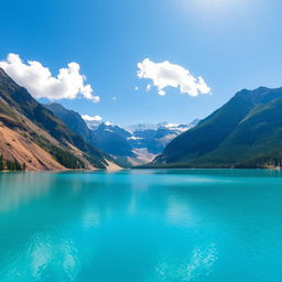 Create an image of a serene landscape with mountains, a clear blue lake, and a bright sunny sky with a few fluffy clouds