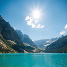 Create an image of a serene landscape with mountains, a clear blue lake, and a bright sunny sky with a few fluffy clouds