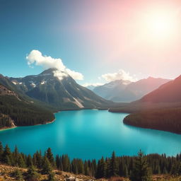 Create an image of a serene landscape with mountains, a clear blue lake, and a bright sunny sky with a few fluffy clouds