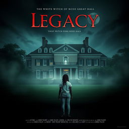 Create a movie poster for a film titled 'Legacy' about the white witch of Rose Hall and The Great House