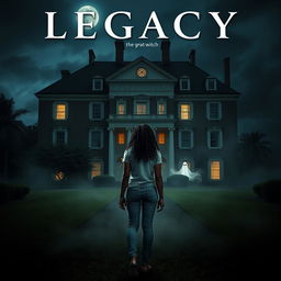 Create a movie poster for a film titled 'Legacy' about the white witch of Rose Hall and The Great House